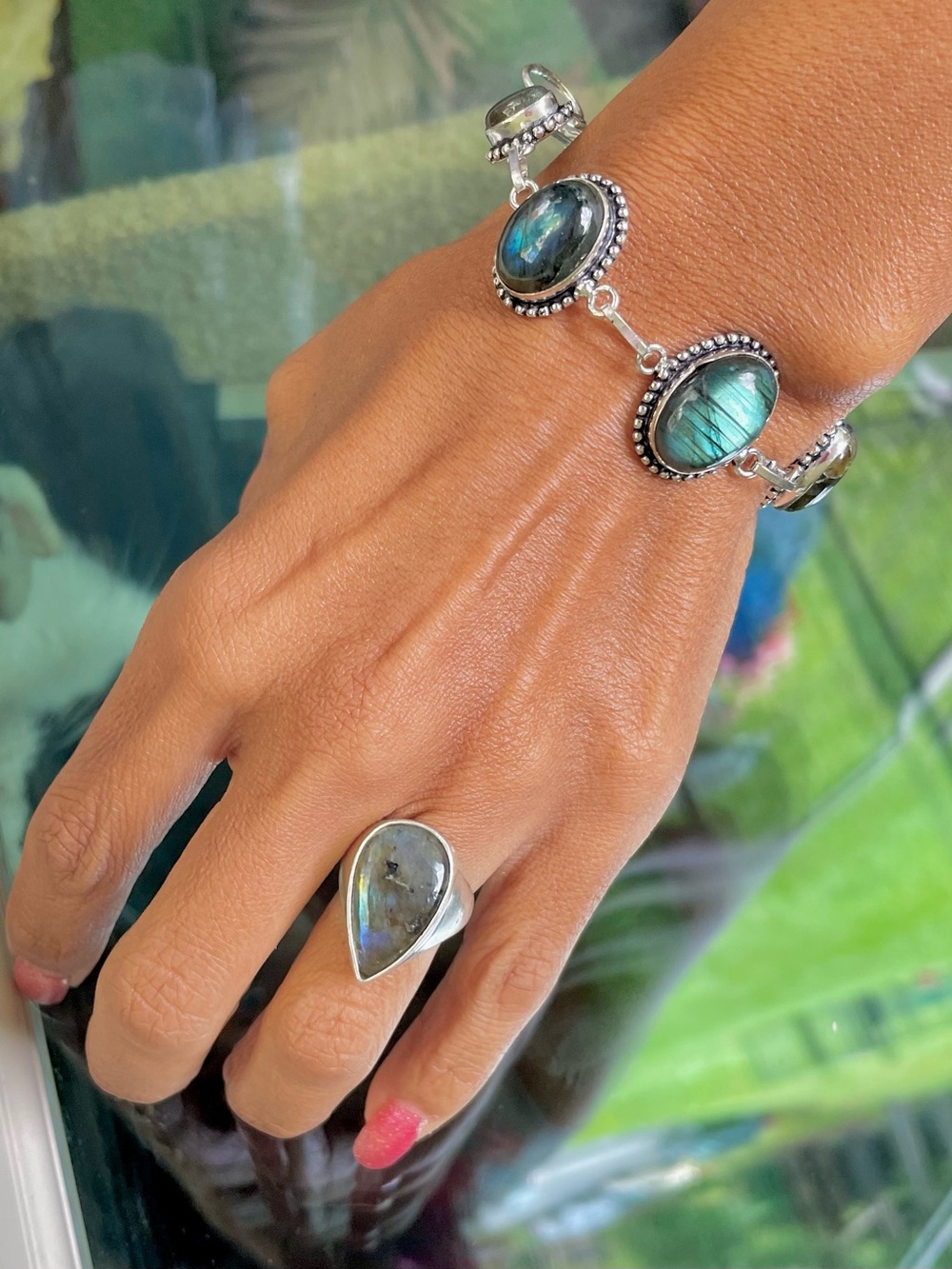 Labradorite Sterling Silver Bracelet - Blue-Green Oval Gemstones